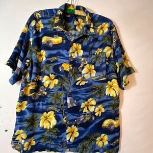 Tropical Button Up Shirt with Flowers and Old Classic Hot Rods Size Large